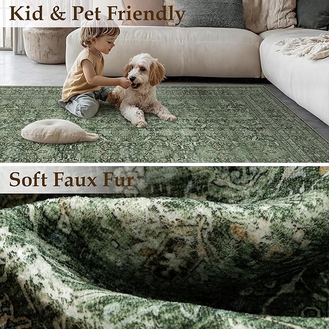 Green Runner Rug 2x6 Hallway Washable Carpet Soft Vintage Indoor Kitchen Non Slip Bedroom Traditional Retro Distressed Thicker Throw Long Rug Bathroom Laundry Entryway Office Dining Room