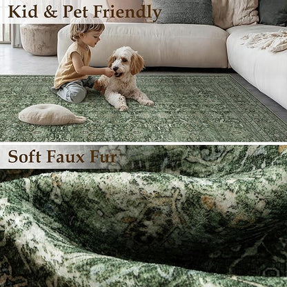Green Area Rug 4x6 Washable Office Entryway Carpet Soft Vintage Indoor Kitchen Living Room Door Mat Traditional Retro Distressed Thicker Throw Small Rug Bedroom Dining Room Bathroom