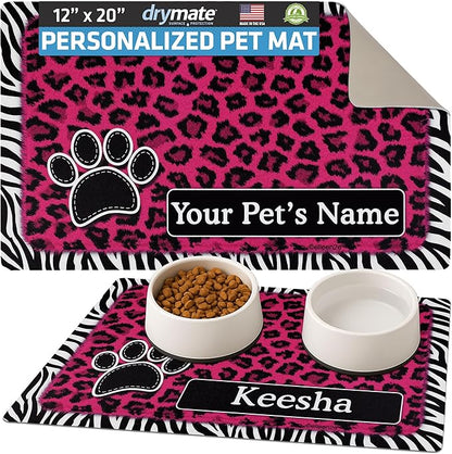 Drymate Personalized Pet Bowl Placemat, Custom Dog & Cat Food Feeding Mat - Absorbent Fabric, Waterproof Backing - Machine Washable/Durable (USA Made) (12" x 20") (Leopard Zebra Pink)
