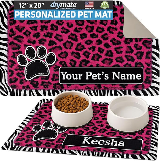 Drymate Personalized Pet Bowl Placemat, Custom Dog & Cat Food Feeding Mat - Absorbent Fabric, Waterproof Backing - Machine Washable/Durable (USA Made) (12" x 20") (Leopard Zebra Pink)