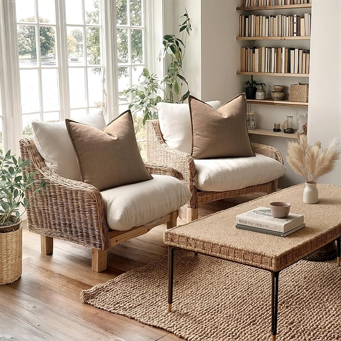 MIULEE Decorative Euro Sham Pillow Covers 26x26, 2 Pack Large Boho Farmhouse Neutral Throw Pillows for Bed, Thick Textured Modern Linen Cushion Cases Couch Sofa Living Room Home Decor, Coco Brown