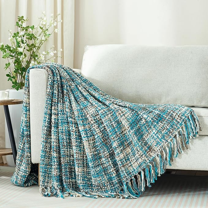 Multi-Color Teal Cable Knitted Throw Blanket for Couch,60"X80" Boho Style Textured Blankets for Home Decor,Super Soft Warm Cozy Chunky Knit Blanket with Decorative Tassels for Bed and Sofa