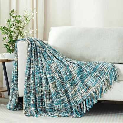Multi-Color Teal Cable Knitted Throw Blanket for Couch,60"X80" Boho Style Textured Blankets for Home Decor,Super Soft Warm Cozy Chunky Knit Blanket with Decorative Tassels for Bed and Sofa