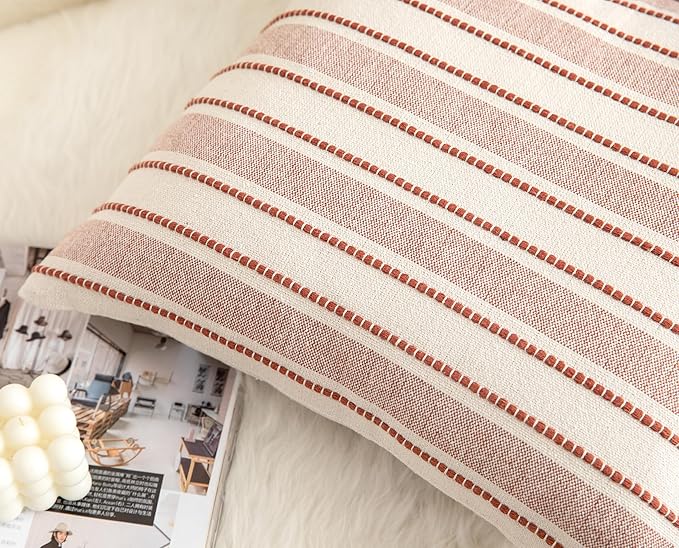 Decorative Boho Throw Pillow Covers, Farmhouse Textured Pillow Case, 18 x 18 Inch Set of 2, Chair Sofa Bedroom Living Room Home Decor Couch Cushion Case, Rust and Beige Striped