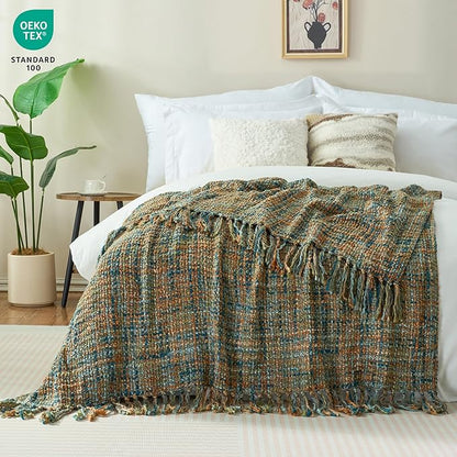 Multi-Color Gold Green Cable Knitted Throw Blanket for Couch,50"X60" Boho Style Textured Blankets for Home Decor,Super Soft Warm Cozy Chunky Knit Blanket with Decorative Tassels for Bed