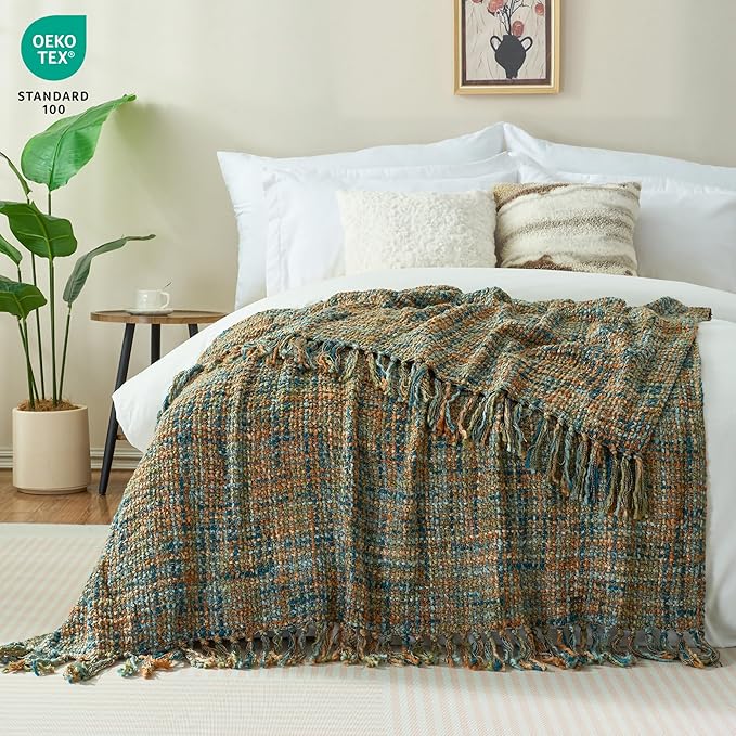 Multi-Color Gold Green Cable Knitted Throw Blanket for Couch,60"X80" Boho Style Textured Blankets for Home Decor,Super Soft Warm Cozy Chunky Knit Blanket with Decorative Tassels for Bed