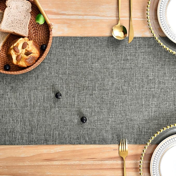 NEWISHER Farmhouse Rustic Table Runner Dark Grey Rectangular Table Runners Faux Linen Table Runner for Everyday Use Kitchen Dining Party Table 13x90 Inch