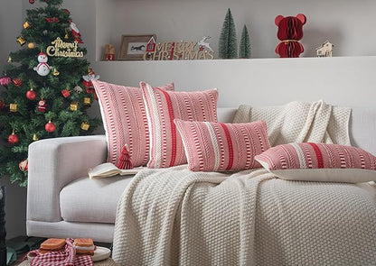 Christmas Pillow Covers 12x20 Inch Set of 2, Farmhouse Boho Christmas Decorative Couch Pillow Cases, Red Accent Pillows of Bed, Sofa Bedroom Living Room Home Decor Cushion Cover
