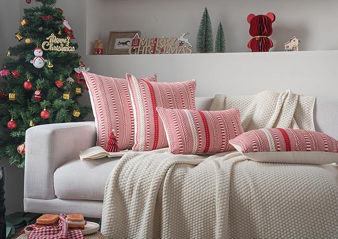 Christmas Pillow Covers 18x18 Inch Set of 2, Farmhouse Boho Christmas Decorative Couch Pillow Cases, Red Accent Pillows of Bed, Sofa Bedroom Living Room Home Decor Cushion Cover