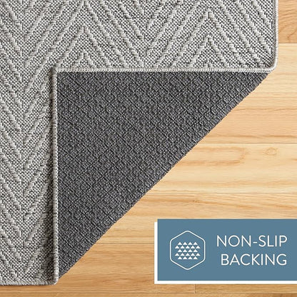 TOWN & COUNTRY BASICS Pax Herringbone Textured Solid Everwash® Washable Area Rug, Low Pile, Non-Slip Backing, Easy Clean Pet & Family Friendly Rug, Grey, 8' Round