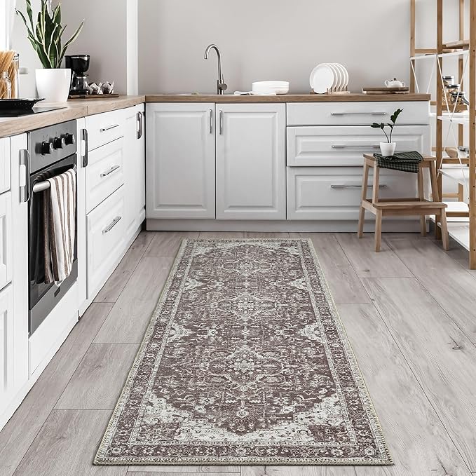 Bloom Rugs Washable Non-Slip 7 ft Runner - Dark Brown Traditional Medallion Runner for Entryway, Hallway, Bathroom, and Kitchen - Exact Size: 2.5' x 7'