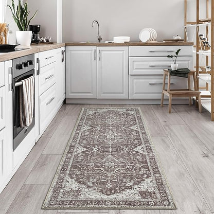 Bloom Rugs Washable Non-Slip 12 ft Runner - Dark Brown Traditional Medallion Runner for Entryway, Hallway, Bathroom, and Kitchen - Exact Size: 2.5' x 12'