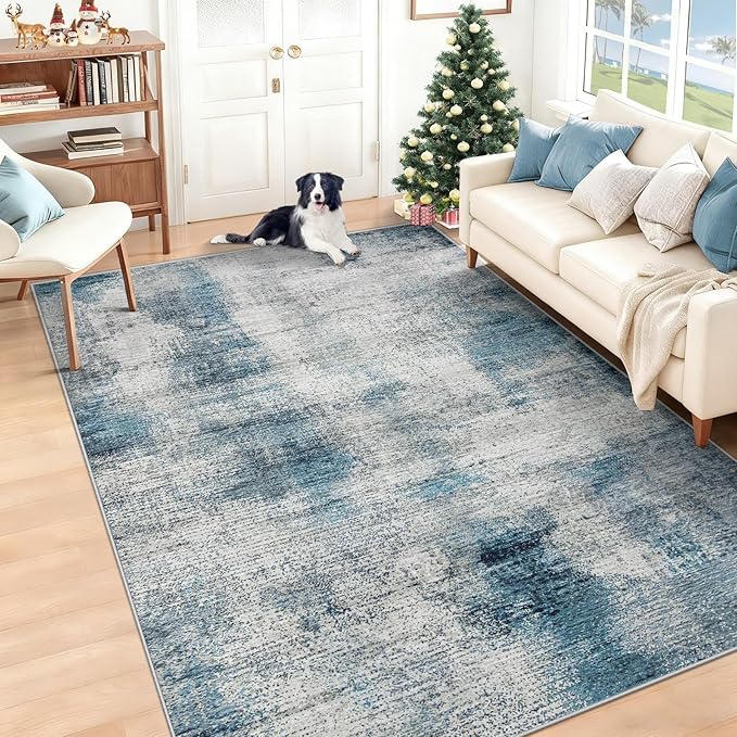 5x7 Area Rugs for Living Room: Washable Rug Modern Abstract Neutral Soft Rugs Non-Slip Low-Pile Indoor Floor Carpet for Bedroom Dining Room Nursery (Blue, 5'x7')
