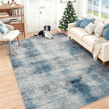 5x7 Area Rugs for Living Room: Washable Rug Modern Abstract Neutral Soft Rugs Non-Slip Low-Pile Indoor Floor Carpet for Bedroom Dining Room Nursery (Blue, 5'x7')
