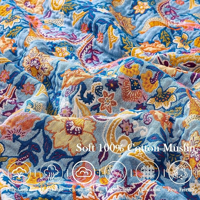 Blue Orange Fall Blanket 90"x 98" Boho Throw Blankets for Couch Bed Chair, 100% Cotton Quilts Warm Soft Blanket Muslin Bed Blankets Home Decor Farmhouse Warm Throws Gifts for Women Mom
