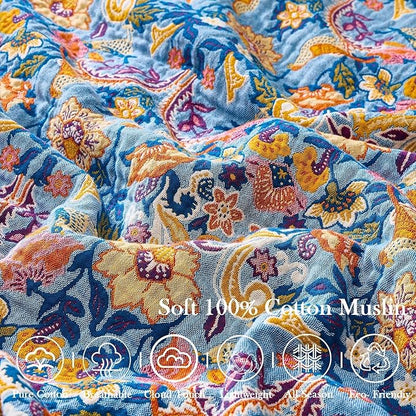 Blue Orange Fall Blanket 80"x 90" Boho Throw Blankets for Couch Bed Chair, 100% Cotton Quilts Warm Soft Blanket Muslin Bed Blankets Home Decor Farmhouse Warm Throws Gifts for Women Mom