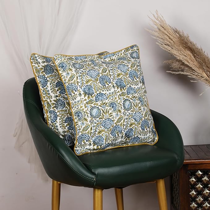 SheetKart Pure Cotton Throw Pillow Covers - Set of 2 - Hand Block Pure Cotton Printed Boho Decorative Pillow Covers - Cushion Covers for Living Room, Bohemian Theme, 20 x 20 Inches, Midnight Olive