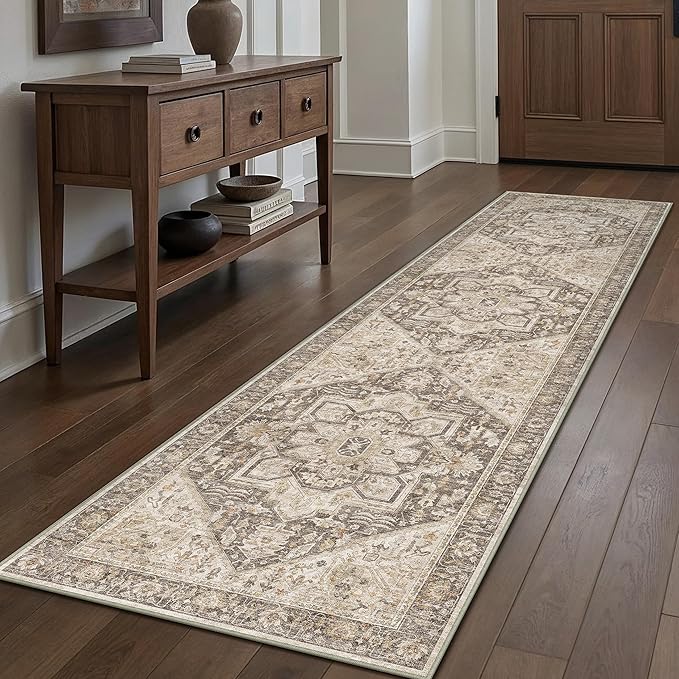 Taupe Brown Hallway Runner Rug 3x8 Vintage Washable Distressed Area Carpet Kitchen Indoor Non Slip Long Traditional Medallion Retro Accent Throw Rug for Bedroom Laundry Dining Living Room