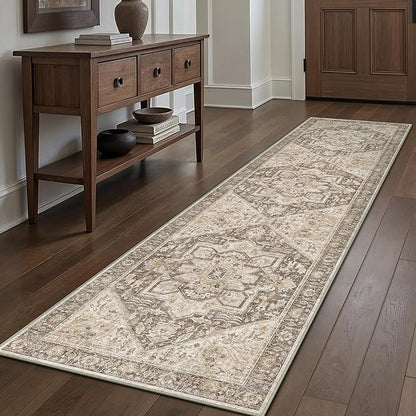 Taupe Brown Hallway Runner Rug 3x8 Vintage Washable Distressed Area Carpet Kitchen Indoor Non Slip Long Traditional Medallion Retro Accent Throw Rug for Bedroom Laundry Dining Living Room