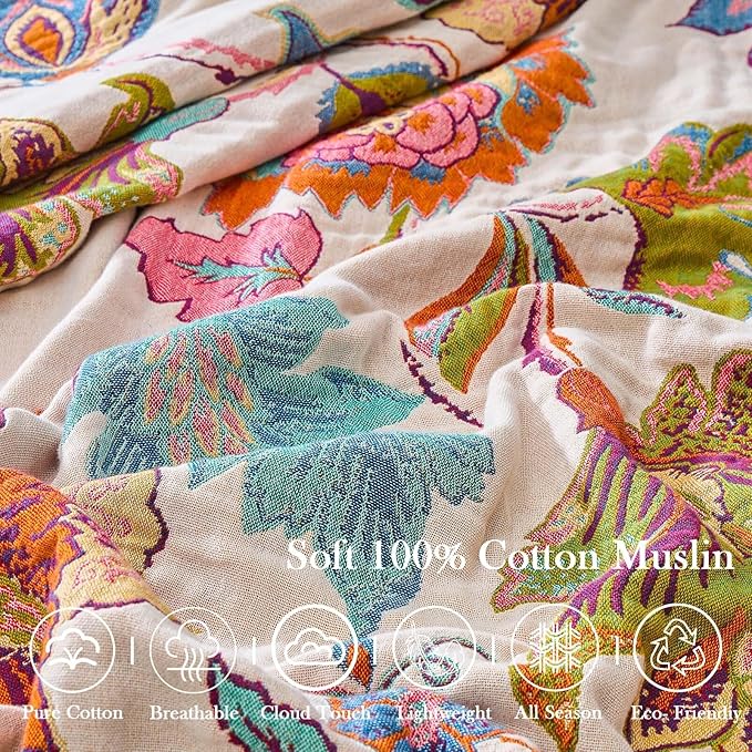 Summer Throw Blanket for Bed, 90"x98" Boho Throw Blankets 100% Cotton Quilts Farmhouse Decoration Warm Soft Blanket Muslin Bed Blankets for Couch Chair