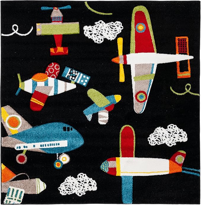 SAFAVIEH Carousel Kids Collection Area Rug - 5'3" Square, Black & Ivory, Non-Shedding & Easy Care, Ideal for High Traffic Areas for Boys & Girls in Playroom, Nursery, Bedroom (CRK167Z)