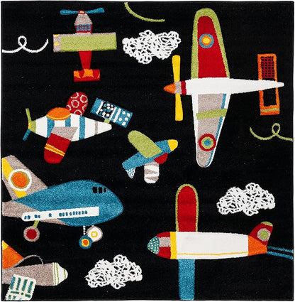 SAFAVIEH Carousel Kids Collection Area Rug - 5'3" Square, Black & Ivory, Non-Shedding & Easy Care, Ideal for High Traffic Areas for Boys & Girls in Playroom, Nursery, Bedroom (CRK167Z)