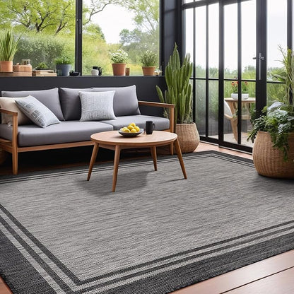 Bordered Outdoor Rug 6x9 Washable Outside Carpet for Indoor Patio Porch Waterproof Easy Cleaning Non Shedding Area Rugs Dark Gray 6 x 9