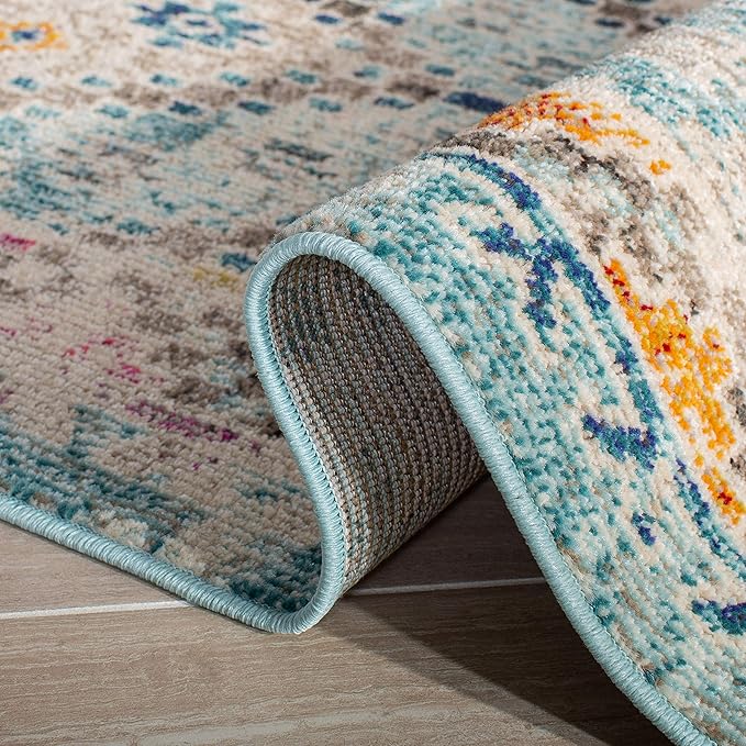 SAFAVIEH Madison Collection Area Rug - 5' Square, Blue & Yellow, Boho Diamond Distressed Design, Non-Shedding & Easy Care, Ideal for High Traffic Areas in Living Room, Bedroom (MAD418K)