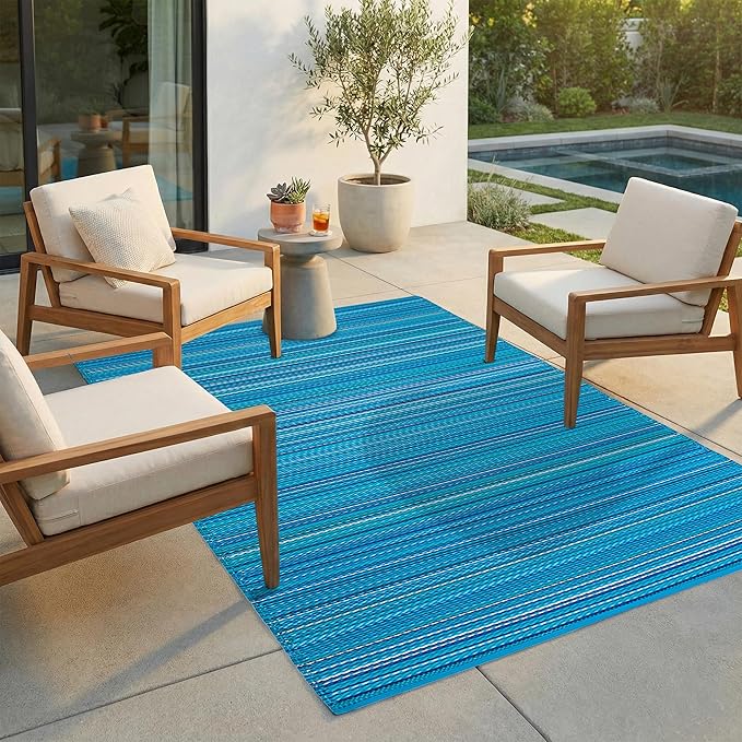 FH Home Outdoor Rug - Waterproof, Fade Resistant, Reversible - Premium Recycled Plastic - Striped - Large Patio, Deck, Sunroom, Camping, RV - Havana - Turquoise Crease Free - 6 x 9 ft