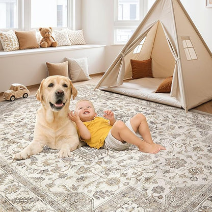 Vintage Living Room Area Rug 12x15 - Large Soft Washable Oriental Traditional Distressed Farmhouse Rugs for Bedroom - Indoor Floor Accent Carpet for Home Office House Decor - Light Brown