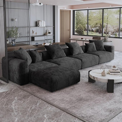 JACH 181" Oversized Modular Sectional Sofa, Deep 4-Seats Sectional Couch with Chaise Ottoman, Huge Plus Convertible Soft Sofas, Corduroy Minimalist Couches for Living Room, Office, Apartment, Black