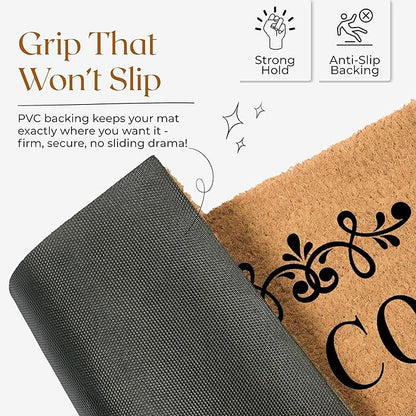 Coir Door Mats 17" X 30", Non-Slip Sturdy, PVC Backed Heavy Duty, Easy to Clean, Ideal for Door Entrance, Patio, Porch, Backyard, Garages, Welcome Floral Border