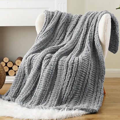 Battilo Light Grey Chunky Knit Throw Blanket for Couch, Thick Warm Cozy Soft Chenille Throw Blanket, Handmade Cable Knit Blanket for Sofa,Bed, Living Room, 50"x60"