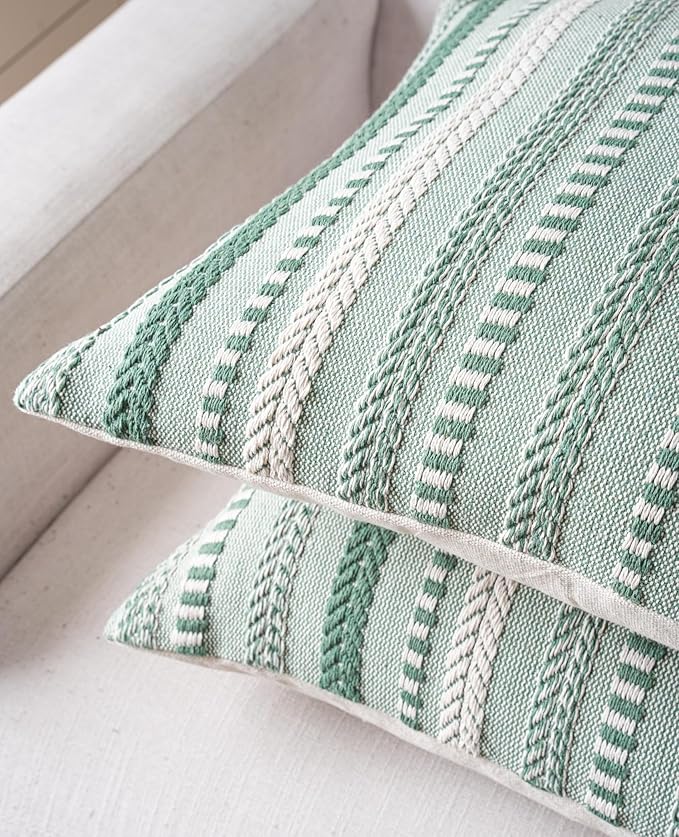 Boho Throw Pillow Covers 22x22 Inch Set of 2, Farmhouse Decorative Couch Pillow Cases, Light Green Accent Pillows of Bed, Sofa Bedroom Living Room Home Decor Cushion Cover