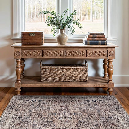 Bloom Rugs Washable Non-Slip 3' x 5' Rug - Light Tan/Blue Traditional Oriental Area Rug for Living Room, Bedroom, Dining Room, and Kitchen - Exact Size: 3' x 5'
