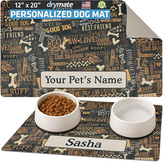 Drymate Personalized Pet Bowl Placemat, Custom Dog & Cat Food Feeding Mat - Absorbent Fabric, Waterproof Backing - Machine Washable/Durable (USA Made) (12" x 20") (Best Friend Brown)
