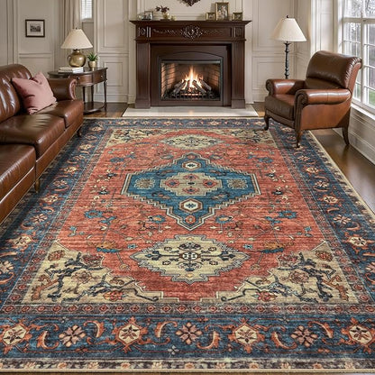Tangsoo 8x10 Area Rugs for Living Room, Washable Rugs Oriental Vintage Indoor Non Slip Large Area Rugs, Print Carpet, Soft Low Pile Rug Foldable Floor Rug for Bedroom Dining Room Dorm Terracotta