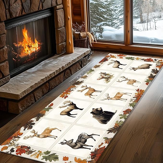 Beige Checkered Maple Bear Elk Hallway Rug 2x6ft Bohemian Vintage Floor Mat for Nursery Farmhouse, Foldable Anti-Fatigue Rug with Crushed Leaf Pattern