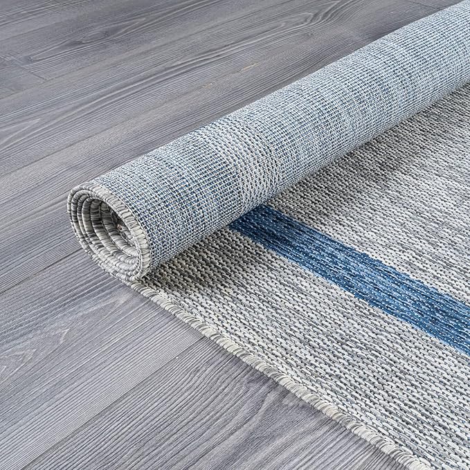 Bordered Outdoor Rug 8x10 Washable Outside Carpet for Indoor Patio Porch Waterproof Easy Cleaning Non Shedding Area Rugs Silver Gray - Blue 8 x 10