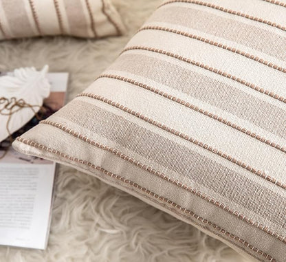 Decorative Boho Throw Pillow Covers, Farmhouse Textured Pillow Case, 20 x 20 Inch Set of 2, Chair Sofa Bedroom Living Room Home Decor Couch Cushion Case, Taupe and Beige Striped