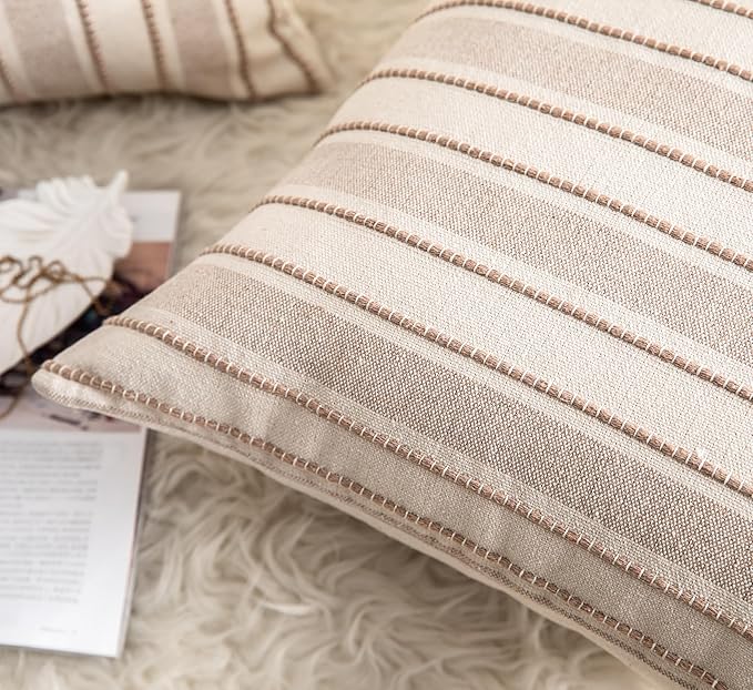 Decorative Boho Throw Pillow Covers, Farmhouse Textured Pillow Case, 22 x 22 Inch Set of 2, Chair Sofa Bedroom Living Room Home Decor Couch Cushion Case, Taupe and Beige Striped