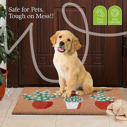 Coir Door Mats 17" X 30", Non-Slip Sturdy, PVC Backed Heavy Duty, Easy to Clean, Ideal for Door Entrance, Patio, Porch, Backyard, Garages, Sparkling Cactus