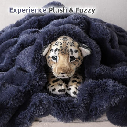 Smoofy Faux Fur Throw Blanket for Couch – Navy Blue Fluffy Cozy Rabbit Fleece, Plush Soft Bubble Blanket for Sofa & Bed, for Mom, Warm Fuzzy Home Room Decor Throw 50" x 60"