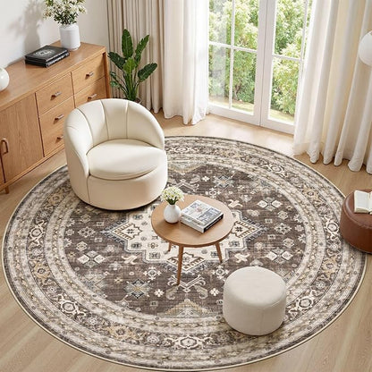 6ft Round Vintage Living Room Area Rug - 6x6 Large Soft Washable Oriental Traditional Distressed Farmhouse Rugs for Bedroom - Indoor Floor Accent Carpet for Home Office House Decor - Dark Brown