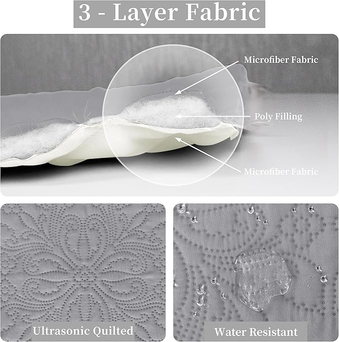 Easy-Going Twin Size Reversible Quilt Set with 1 Quilt and 1 Pillow Sham, Soft Bed Quilt Cover, Water Resistant Lightweight Microfiber Bedspread, Stain Resistant, Damask-Light Gray/Ivory