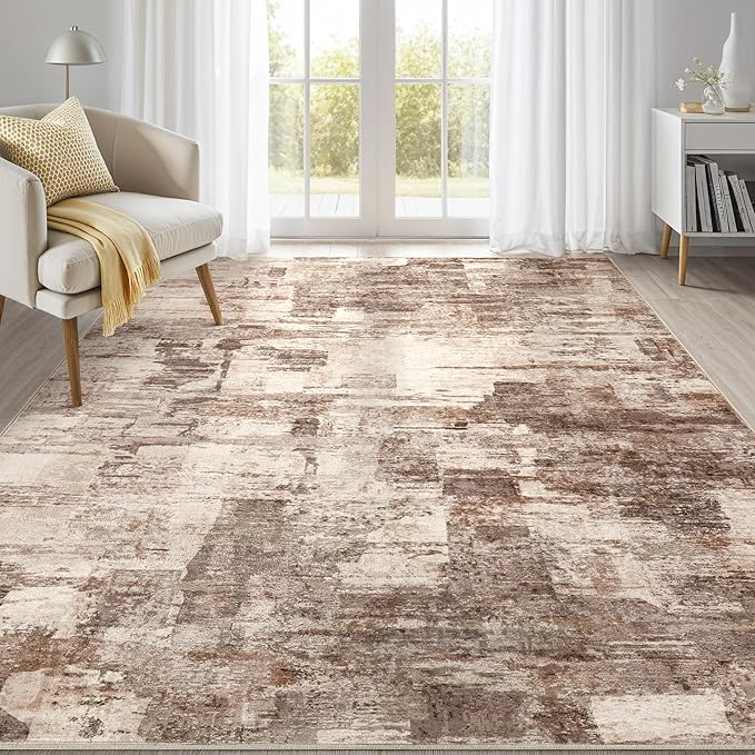 Abstract Living Room Rug 5x8 - Modern Washable Soft Thin Area Rug for Living Room Bedroom Under Dining Table - Neutral Indoor Floor Rug Carpets for Home Office Playroom Nursery - Brown