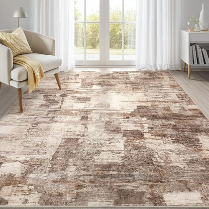 Abstract Living Room Rug 5x8 - Modern Washable Soft Thin Area Rug for Living Room Bedroom Under Dining Table - Neutral Indoor Floor Rug Carpets for Home Office Playroom Nursery - Brown