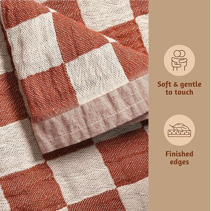 Folkulture 100% Cotton Throw Blanket, Rust Checks, 50x60in, Soft, Lightweight, Travel, Napping, All Seasons, Machine Wash