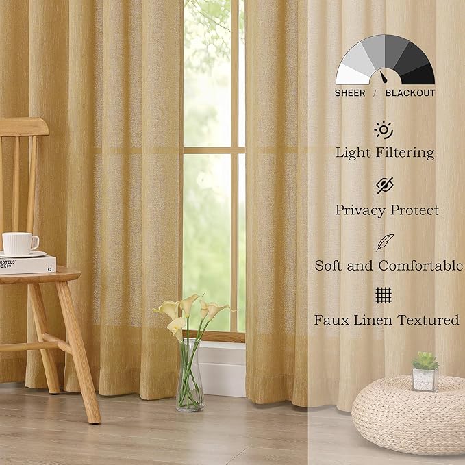 Simplebrand Gold Semi Sheer Faux Linen Textured Curtains 84 Inches Long 2 Panels, Light Filtering Farmhouse Bedroom Curtains, Farmhouse Rod Pocket Soft Thick Window Drapes for Living Room, 50Wx84L