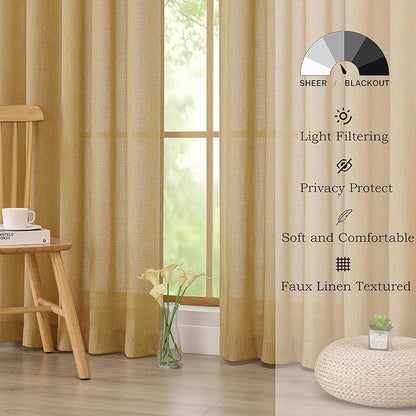 Simplebrand Gold Semi Sheer Faux Linen Textured Curtains 84 Inches Long 2 Panels, Light Filtering Farmhouse Bedroom Curtains, Farmhouse Rod Pocket Soft Thick Window Drapes for Living Room, 50Wx84L